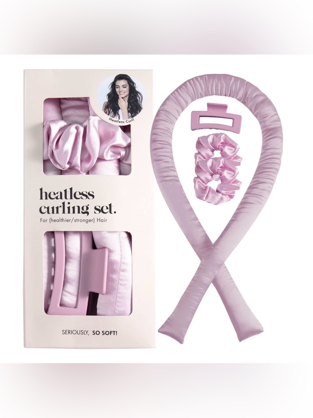 Heatless Curling Set - Pink Satin Hair Curler with Scrunchie